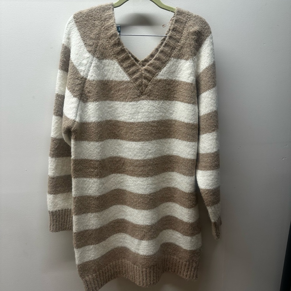 Bluivy V-Neck Sweater Dress- Taupe and Ivory Stripes
